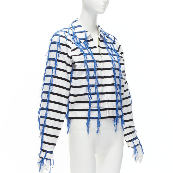 ANAIS JOURDEN blue white black striped tassel trim raglan cropped jacket FR36 S