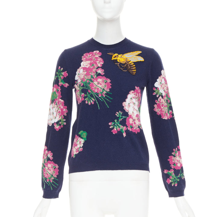 GUCCI 2017navy wool Floral  Bee needlepoint embroidery sweater XS