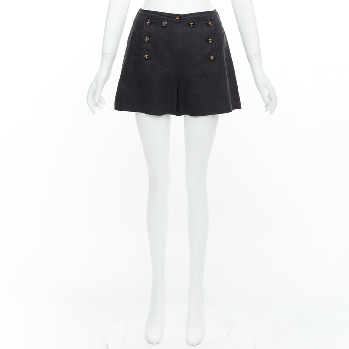 rare CHANEL 94P Vintage black linen gold CC logo buttons sailor shorts FR36 S