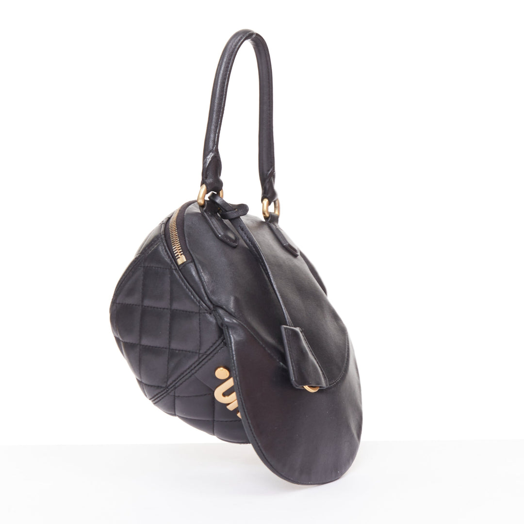 MOSCHINO Jeremy Scott black diamond quilted leather gold logo baseball cap bag