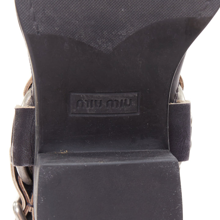 MIU MIU 2025 distressed washed black leather moto harness ankle boots EU36