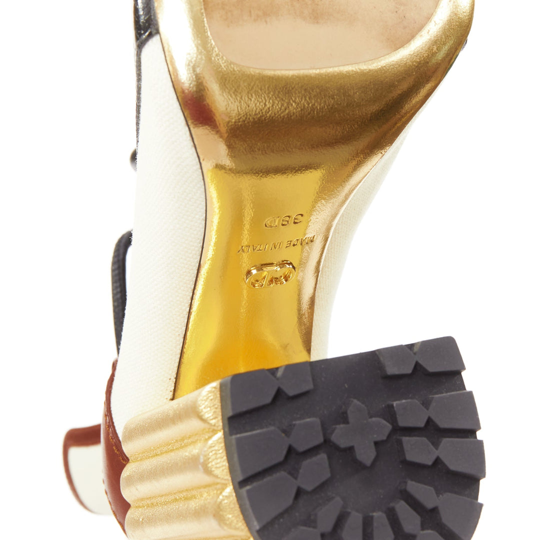 DIOR Raf Simons 2017 Runway gold fluted column heel brown laced ankle boots EU38