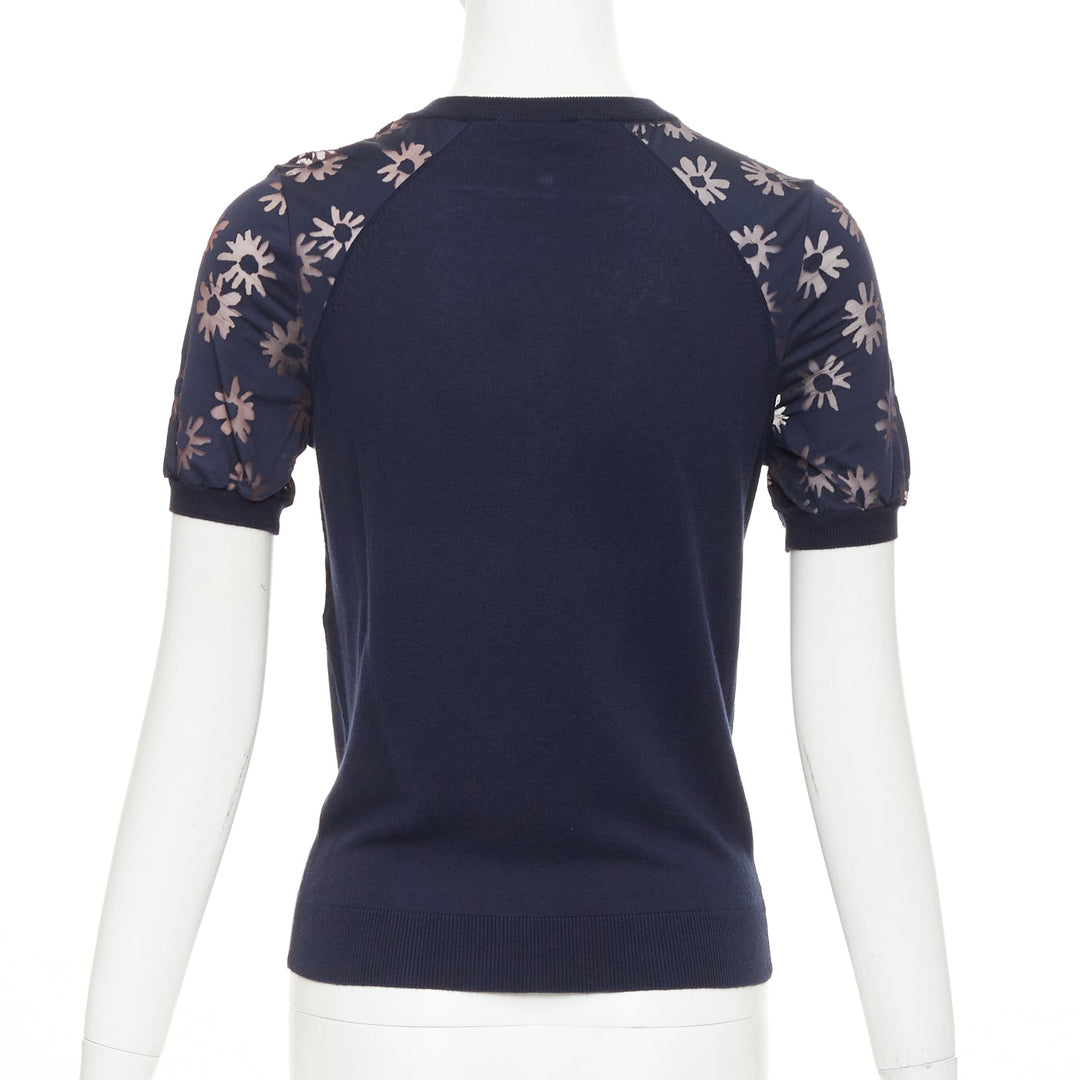 NINA RICCI navy viscose cotton sheer floral sleeve henley pullover sweater S