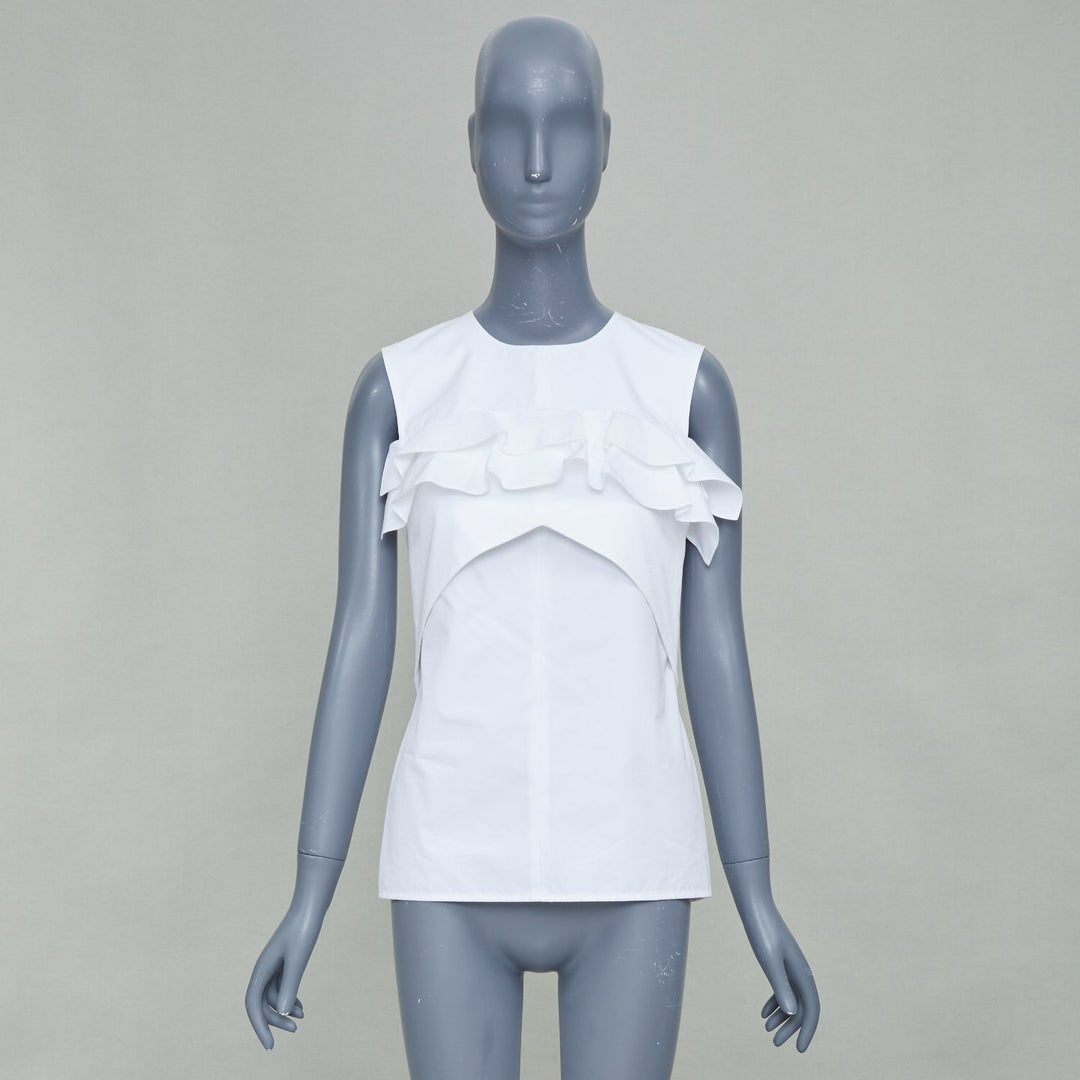 LOUIS VUITTON white poplin ruffle chest panel sleeveless top shirt FR38 M