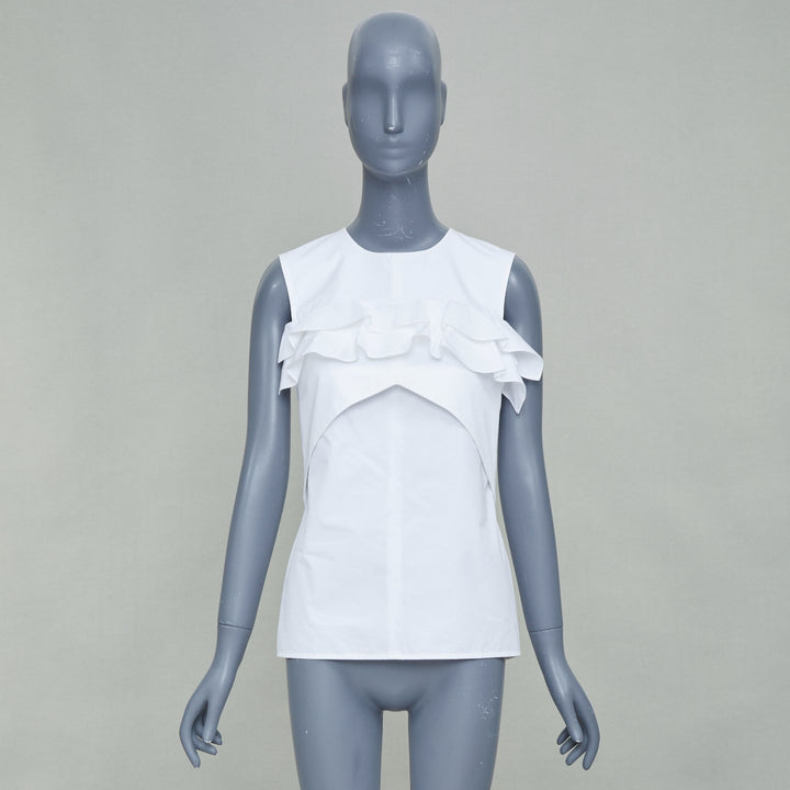 LOUIS VUITTON white poplin ruffle chest panel sleeveless top shirt FR38 M