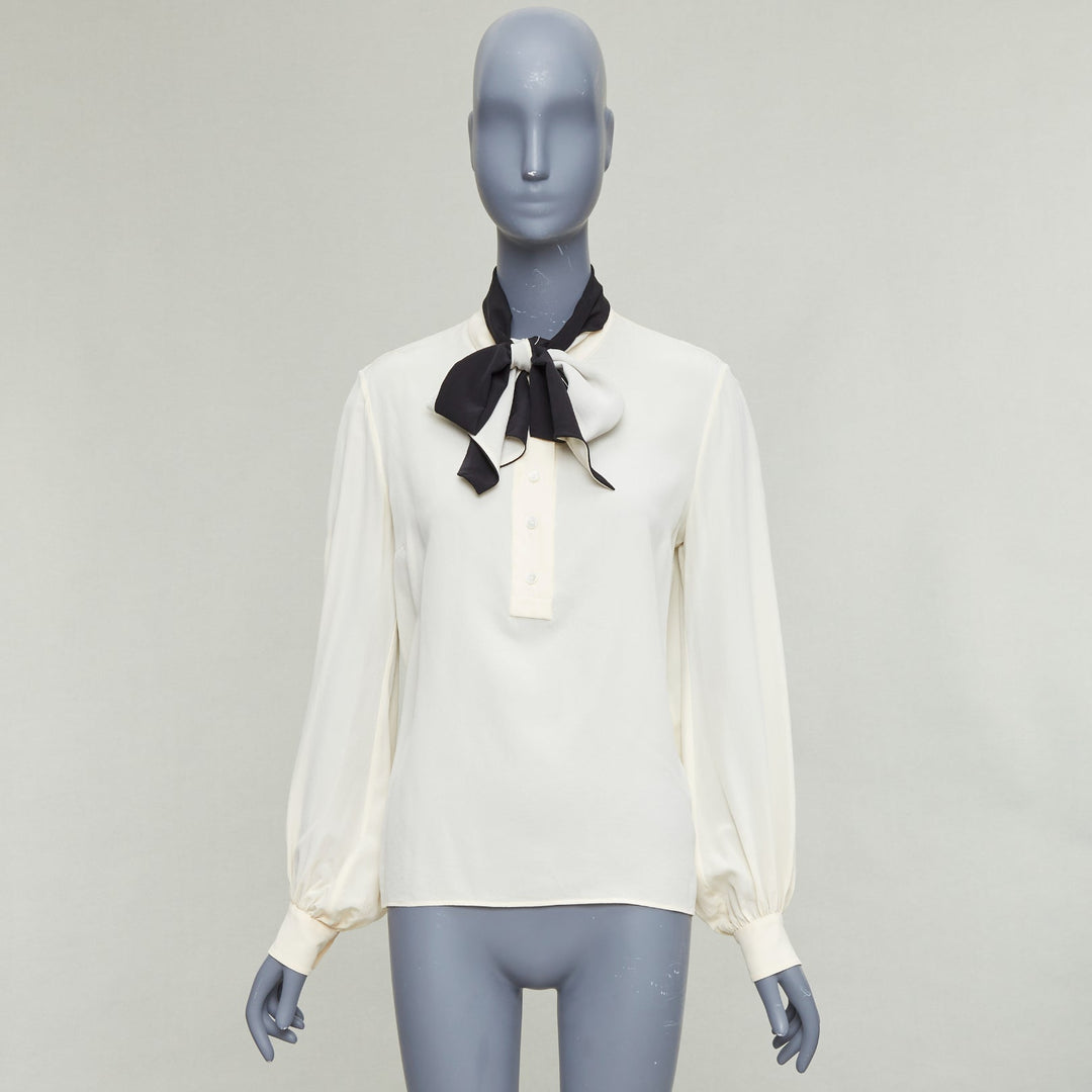 LANVIN cream 100% silk black contrast tie neck peasant blouse FR34 XS