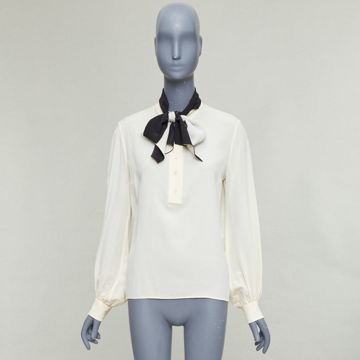 LANVIN cream 100% silk black contrast tie neck peasant blouse FR34 XS