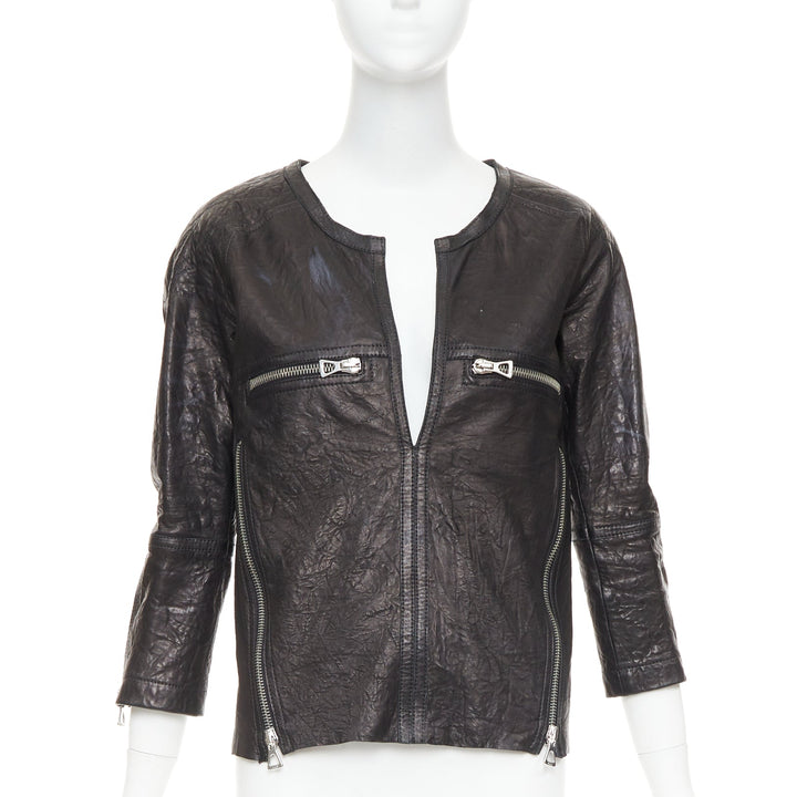 ISABEL MARANT black crinkled leather biker zip pullover jacket FR1 S