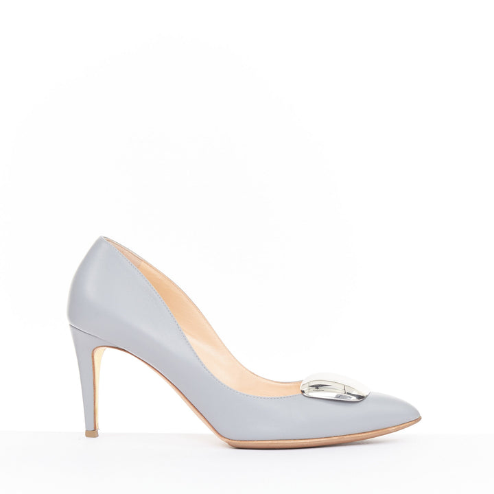 RUPERT SANDERSON Nada grey leather silver pebble plaque stiletto pumps EU39.5