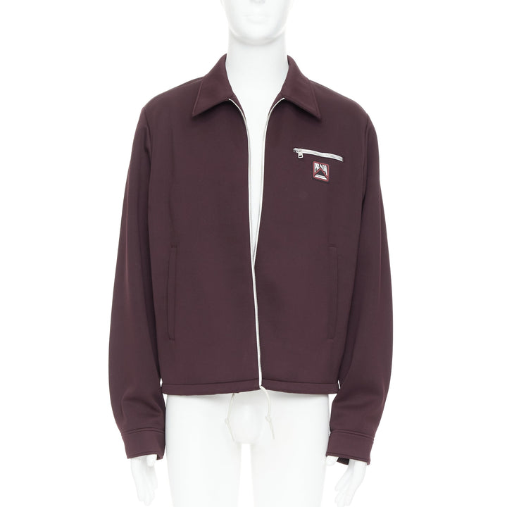 PRADA 2018 burgundy sporty rubber logo zip up collared jacket IT50 L