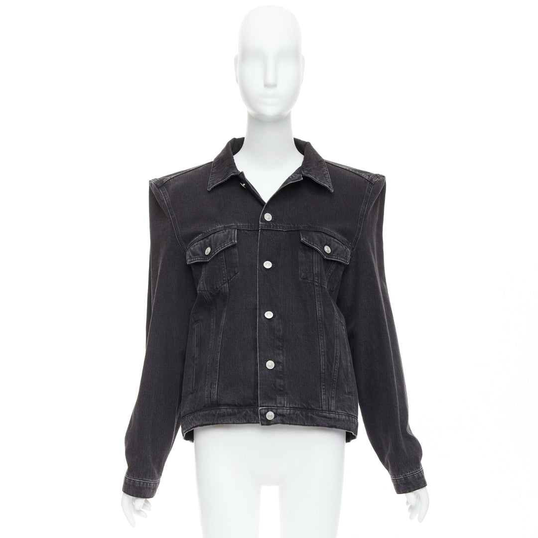 BALENCIAGA Demna grey washed denim power shoulder boxy jacket FR38