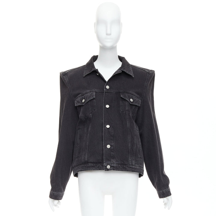 BALENCIAGA Demna grey washed denim power shoulder boxy jacket FR38