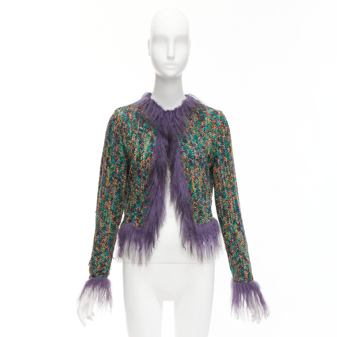 rare EMANUEL UNGARO purple faux fur trim green speckled tweed cro jacket IT38 XS
