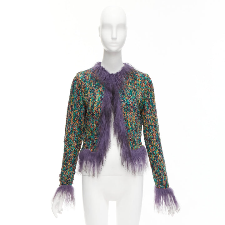 rare EMANUEL UNGARO purple faux fur trim green speckled tweed cro jacket IT38 XS
