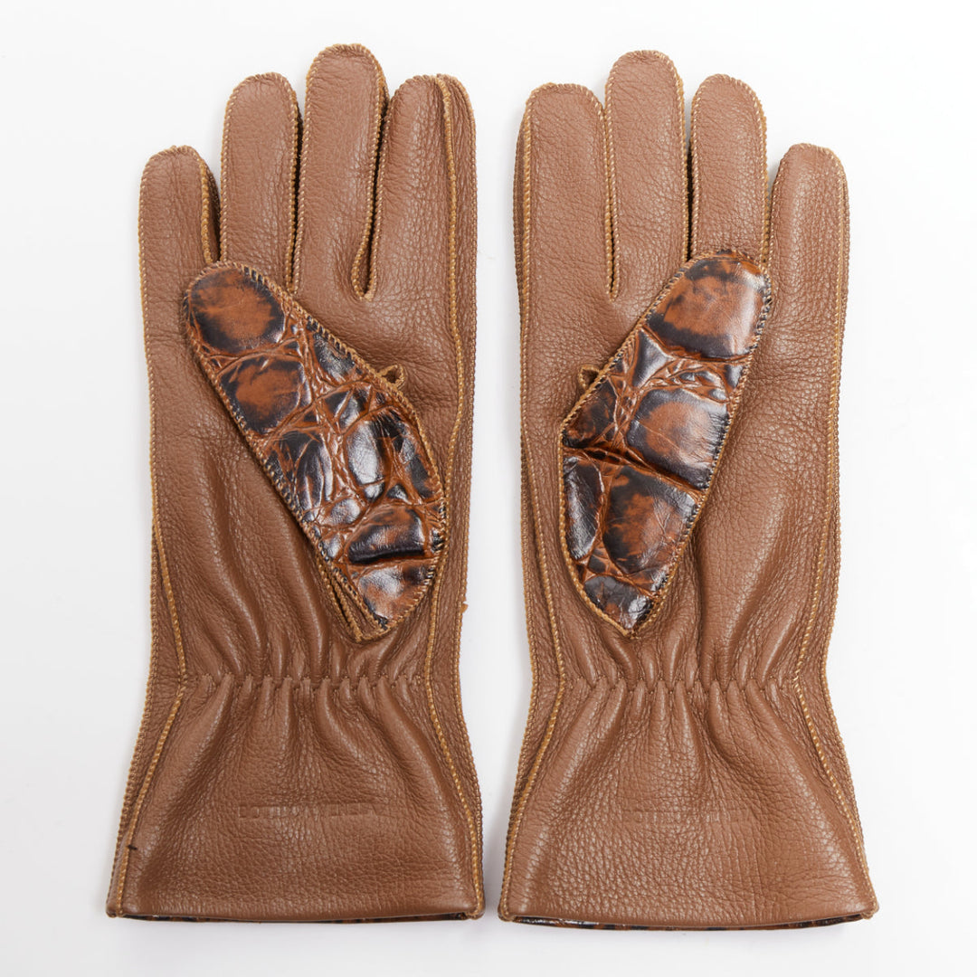 rare BOTTEGA VENETA brown croc-embossed buff calfskin cashmere lined gloves Sz.8
