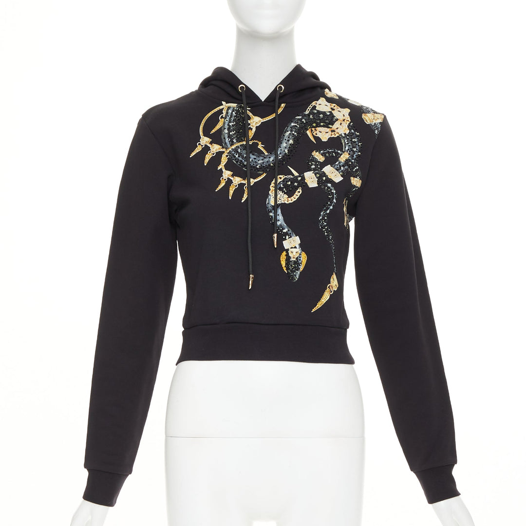 ROBERTO CAVALLI Snake And Logo-Print black cotton crystal embellished hoodie XS
