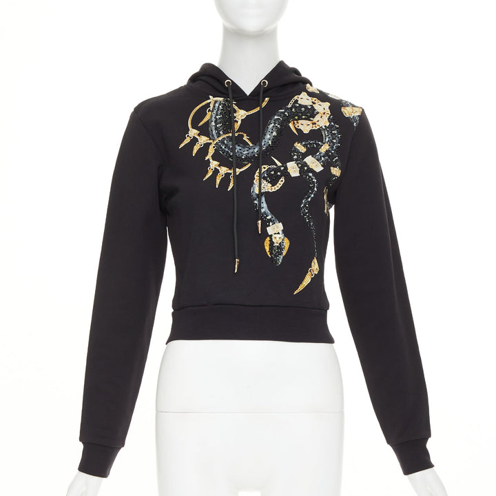 ROBERTO CAVALLI Snake And Logo-Print black cotton crystal embellished hoodie XS