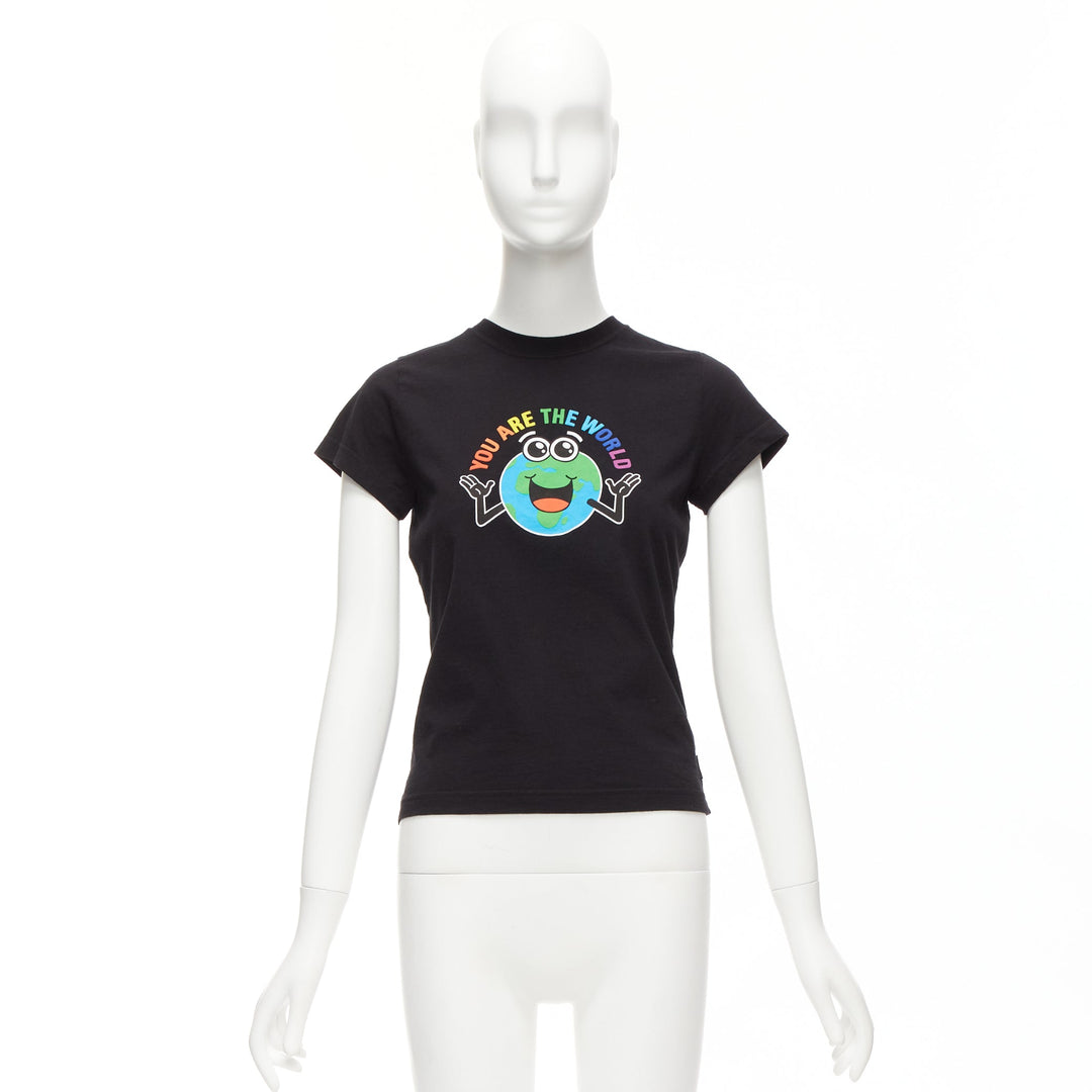 BALENCIAGA 2018 black You Are The World rainbow globe print cropped tshirt XS
