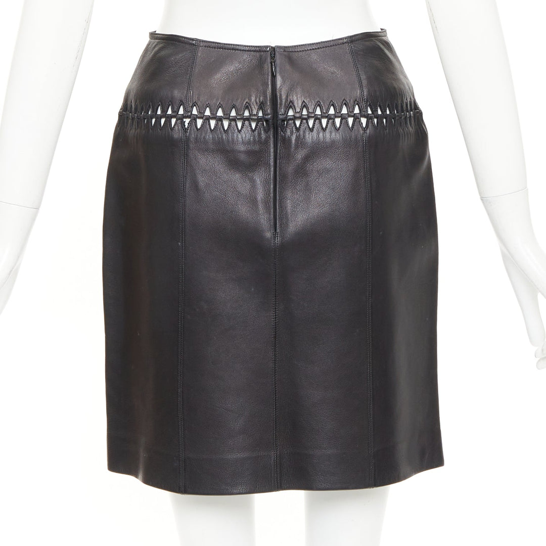 ALAIA black lambskin leather topstitched geometric cut out pencil skirt FR40 L