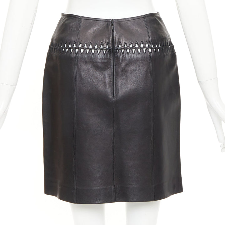 ALAIA black lambskin leather topstitched geometric cut out pencil skirt FR40 L