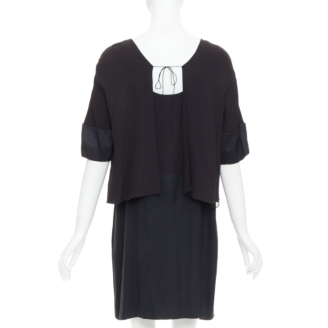 CHLOE black 100% silk crepe satin contrast cape back dress FR42 XL