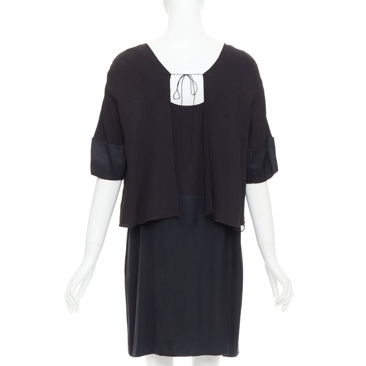 CHLOE black 100% silk crepe satin contrast cape back dress FR42 XL