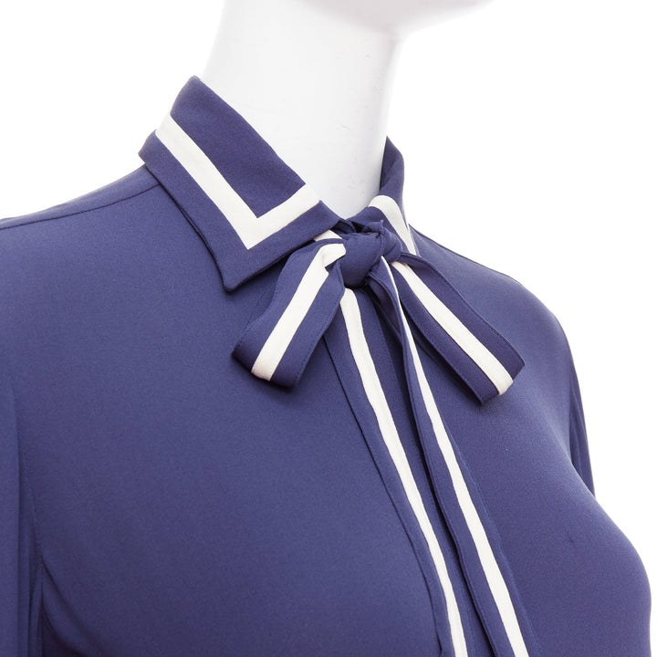 VALENTINO 100% silk navy cream trim tie neck blouse shirt US4 S