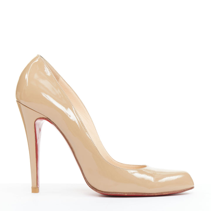 CHRISTIAN LOUBOUTIN taupe nude patent leather stiletto almond pumps EU38