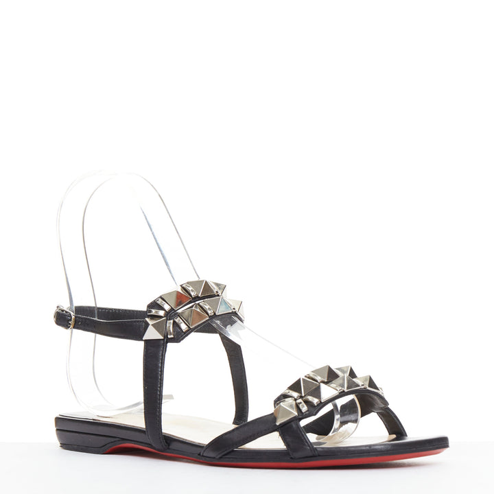 CHRISTIAN LOUBOUTIN Galerietta black calfskin silver studded sandals EU36.5