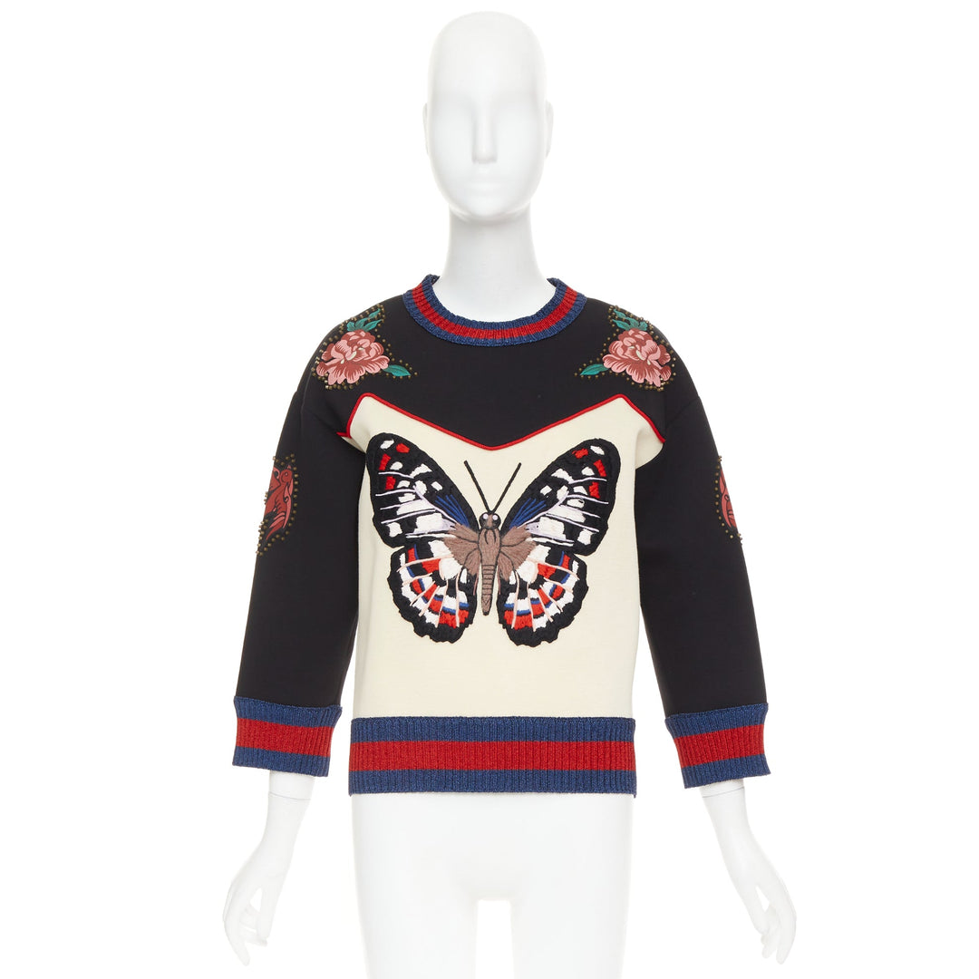 GUCCI 2016  cream black cotton Butterfly Embroidered studded sweatshirt XS