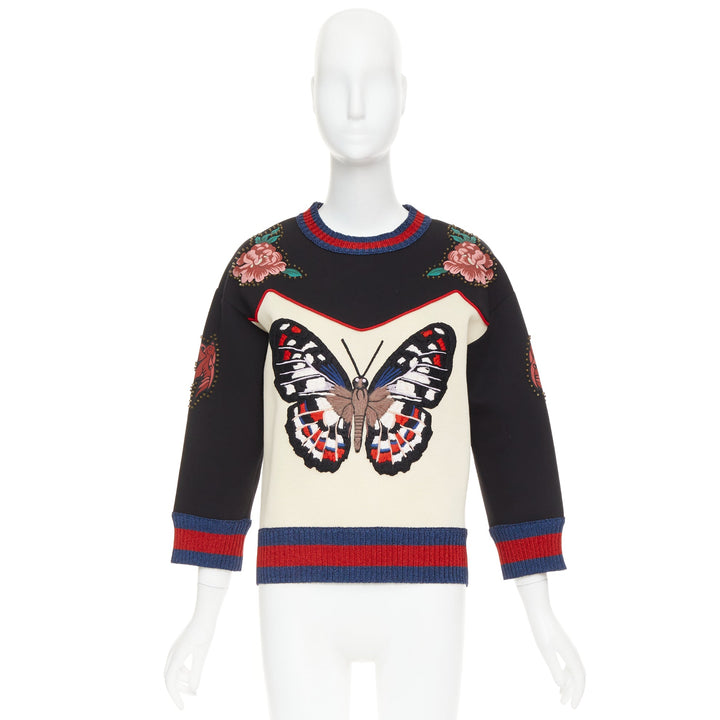 GUCCI 2016  cream black cotton Butterfly Embroidered studded sweatshirt XS