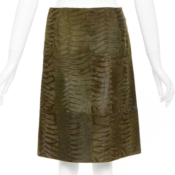 PRADA Vintage 2004 Runway moss green Persian lamb fur A-line knee skirt IT40 S