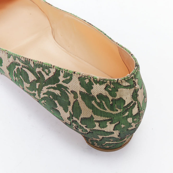 RUPERT SANDERSON Aga green gold brocade embellished pointy flats EU38