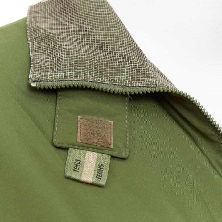 FENDI JEANS Vintage green nylon technical small logo zip up jacket