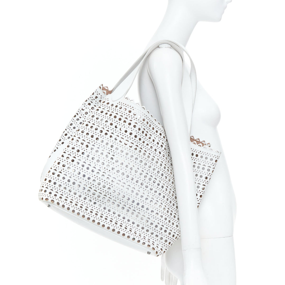 ALAIA Le Mina Vienne Wave laser cut white calfskin leather travel tote bag