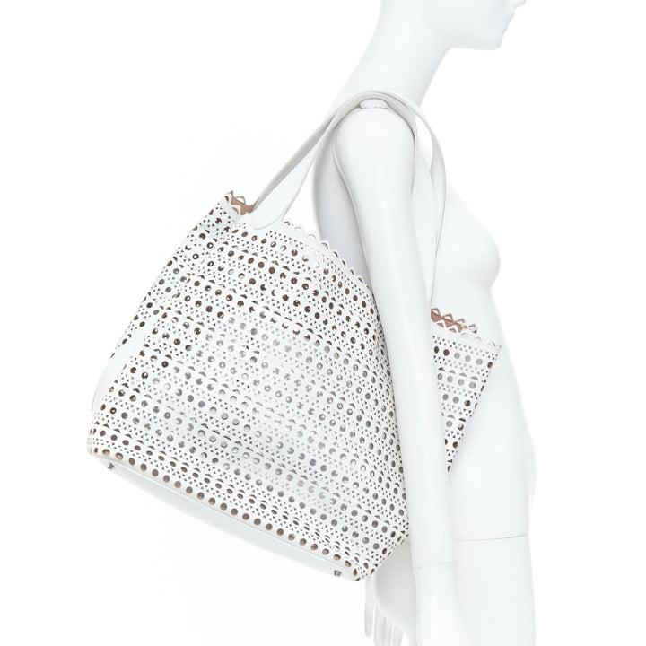 ALAIA Le Mina Vienne Wave laser cut white calfskin leather travel tote bag