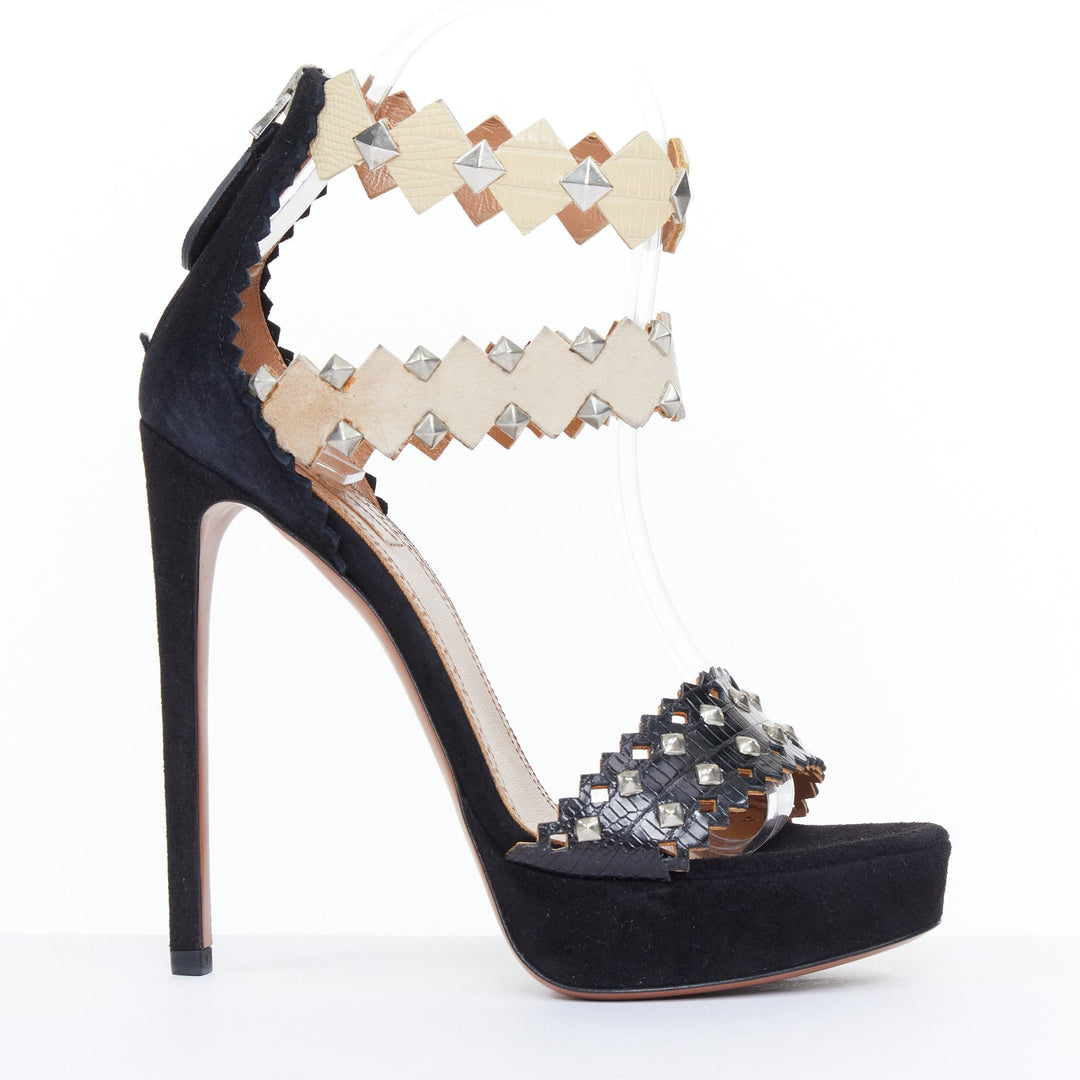 ALAIA 2012 black suede studded zig zag diamond cutout platform sandals EU35