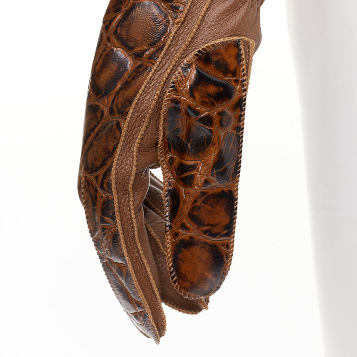 rare BOTTEGA VENETA brown croc-embossed buff calfskin cashmere lined gloves Sz.8