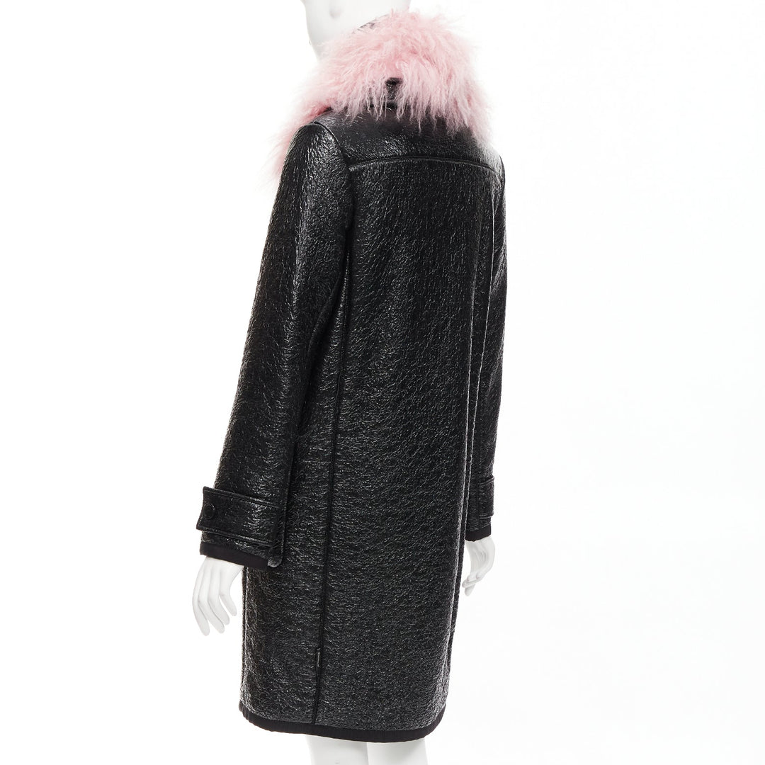 MONCLER pink tibet lamb fur black patent cotton virgin wool blend coat Sz1 M