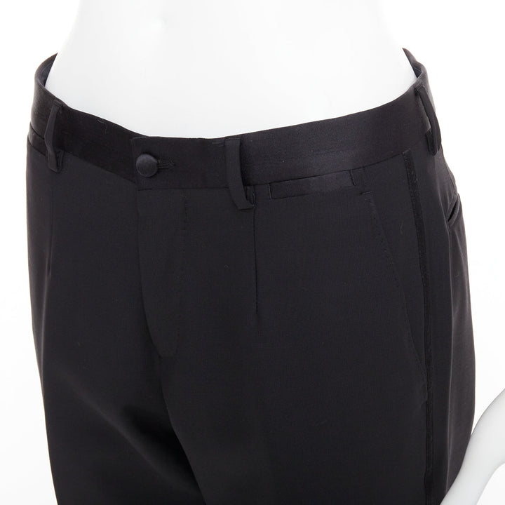 DOLCE GABBANA black wooly satin waist trim taperd mid waist pants IT44 XS