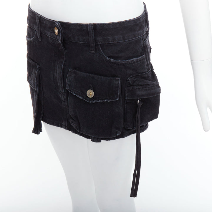 THE ATTICO Fay black washed denim pocketed cargo mini skirt 26"