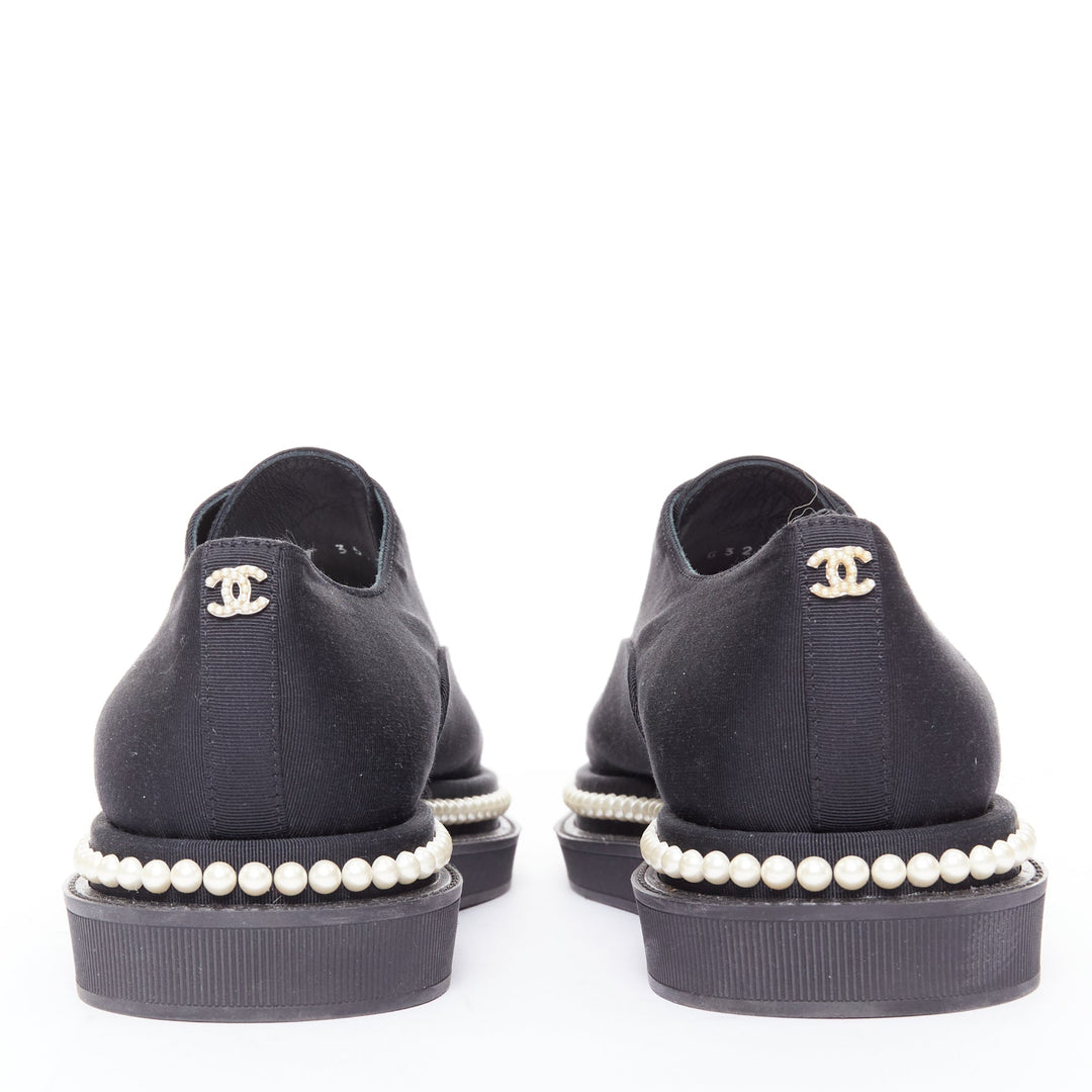 CHANEL black canvas pearl embellished trim fabric oxfords EU35.5