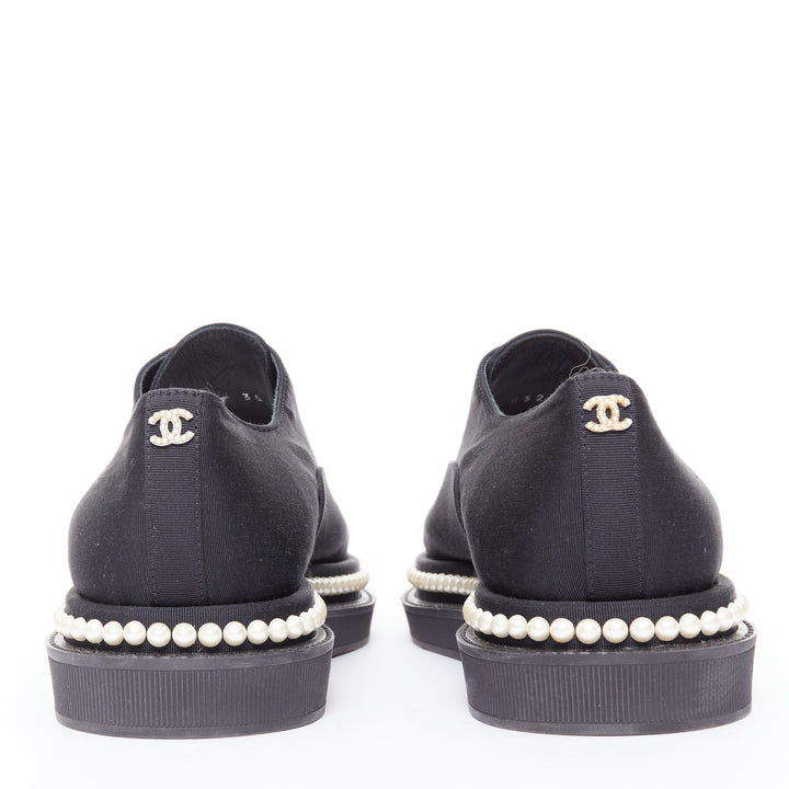 CHANEL black canvas pearl embellished trim fabric oxfords EU35.5