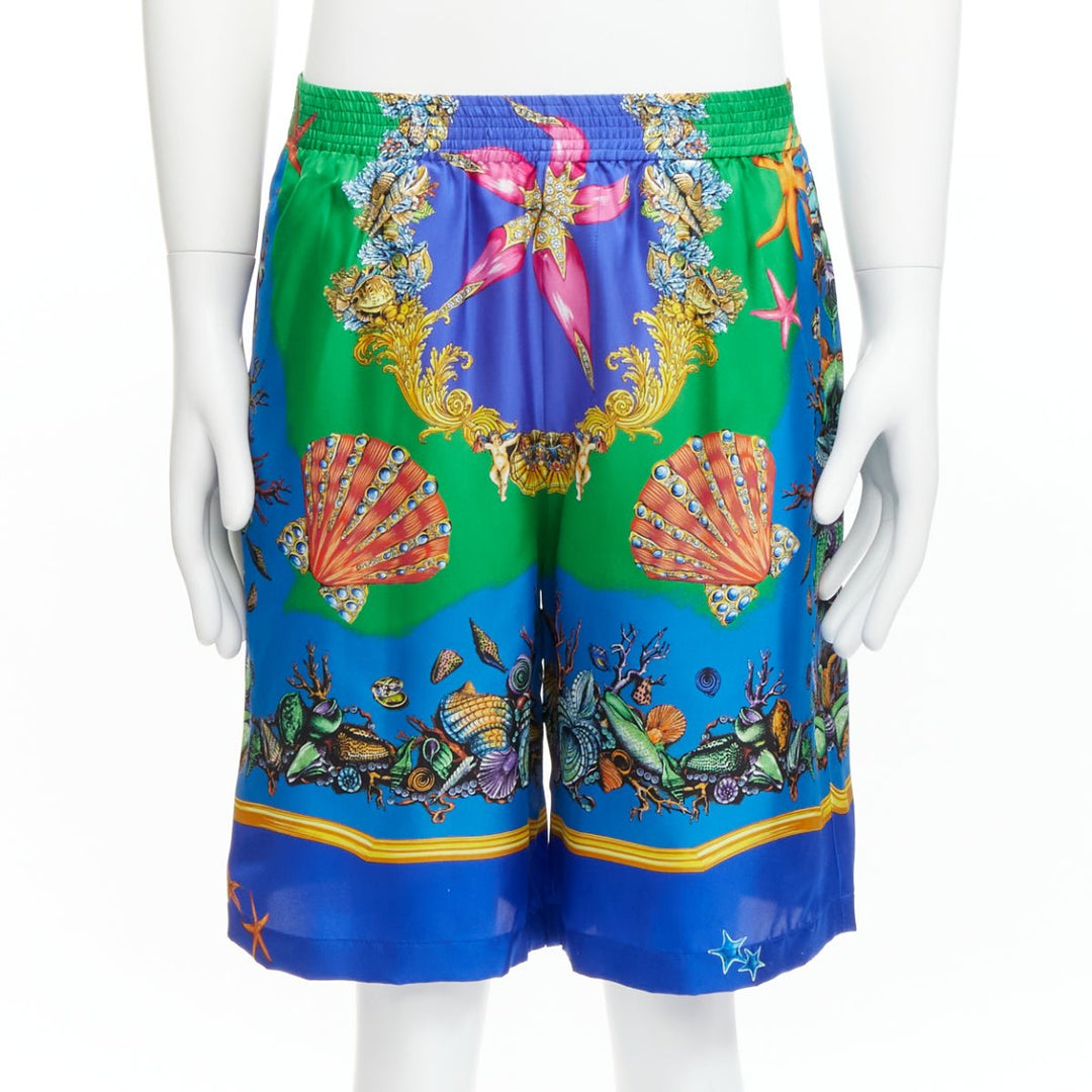 VERSACE 2021 Tresor De La Mer blue seashell print 100% silk shorts IT48 M