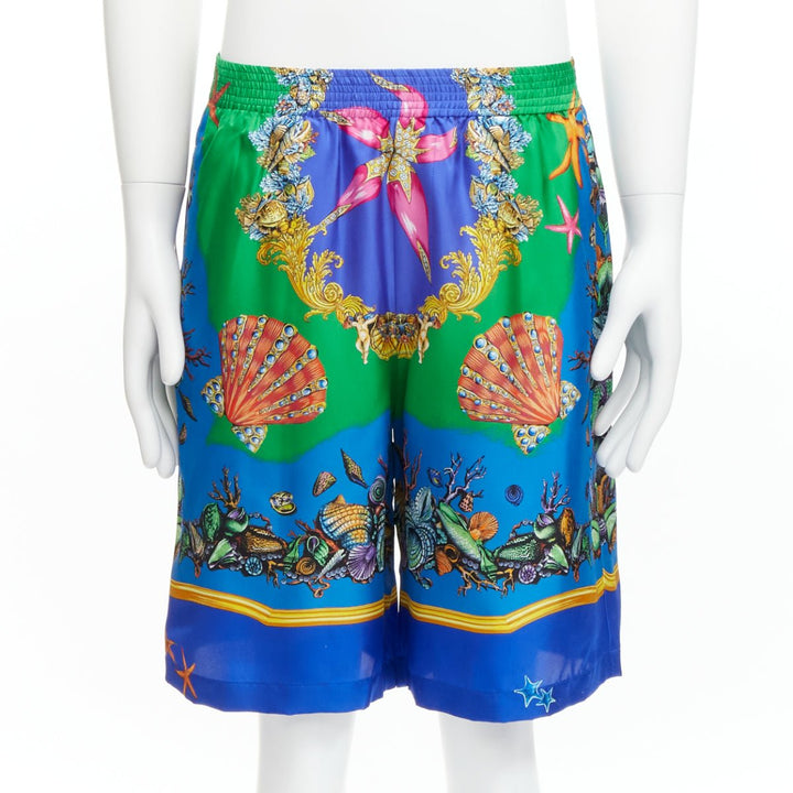 VERSACE 2021 Tresor De La Mer blue seashell print 100% silk shorts IT48 M