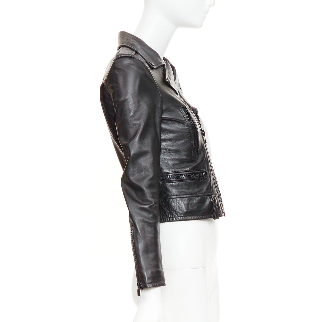 SAINT LAURENT 2015 black lambskin leather crop asymmetric biker jacket FR34 XS