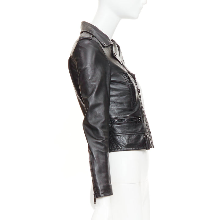 SAINT LAURENT 2015 black lambskin leather crop asymmetric biker jacket FR34 XS