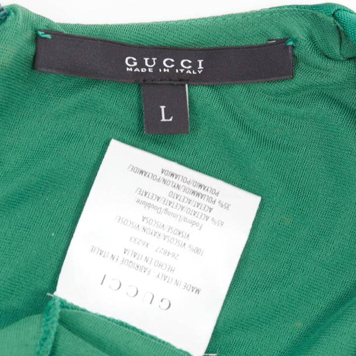 GUCCI 2008 emerald green viscose gold hardware draped V neck midi dress L