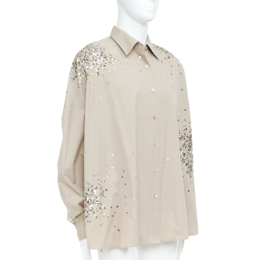 DRIES VAN NOTEN 2024 Casia beige sequin bead embellished cotton shirt M