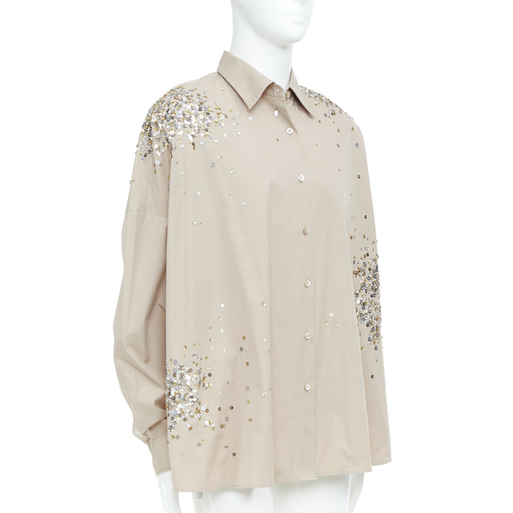 DRIES VAN NOTEN 2024 Casia beige sequin bead embellished cotton shirt M
